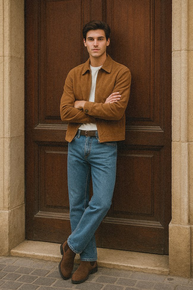 Modelo de Legado Club en puerta de casa sevillana con look vaquero y cazadora ante