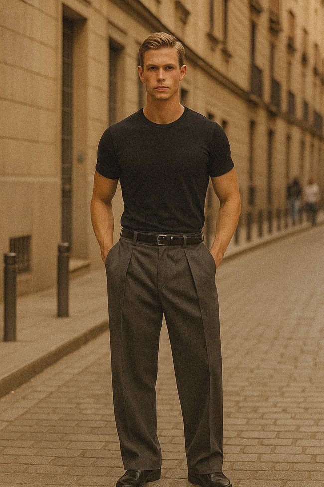 Conjunto otoño invierno old money pantalon gris camiseta negra