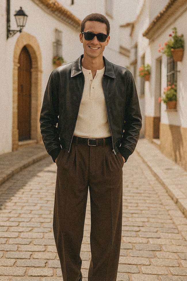 Modelo Legado con pantalón. marrón chocolate y bomber croptop negra de cuero