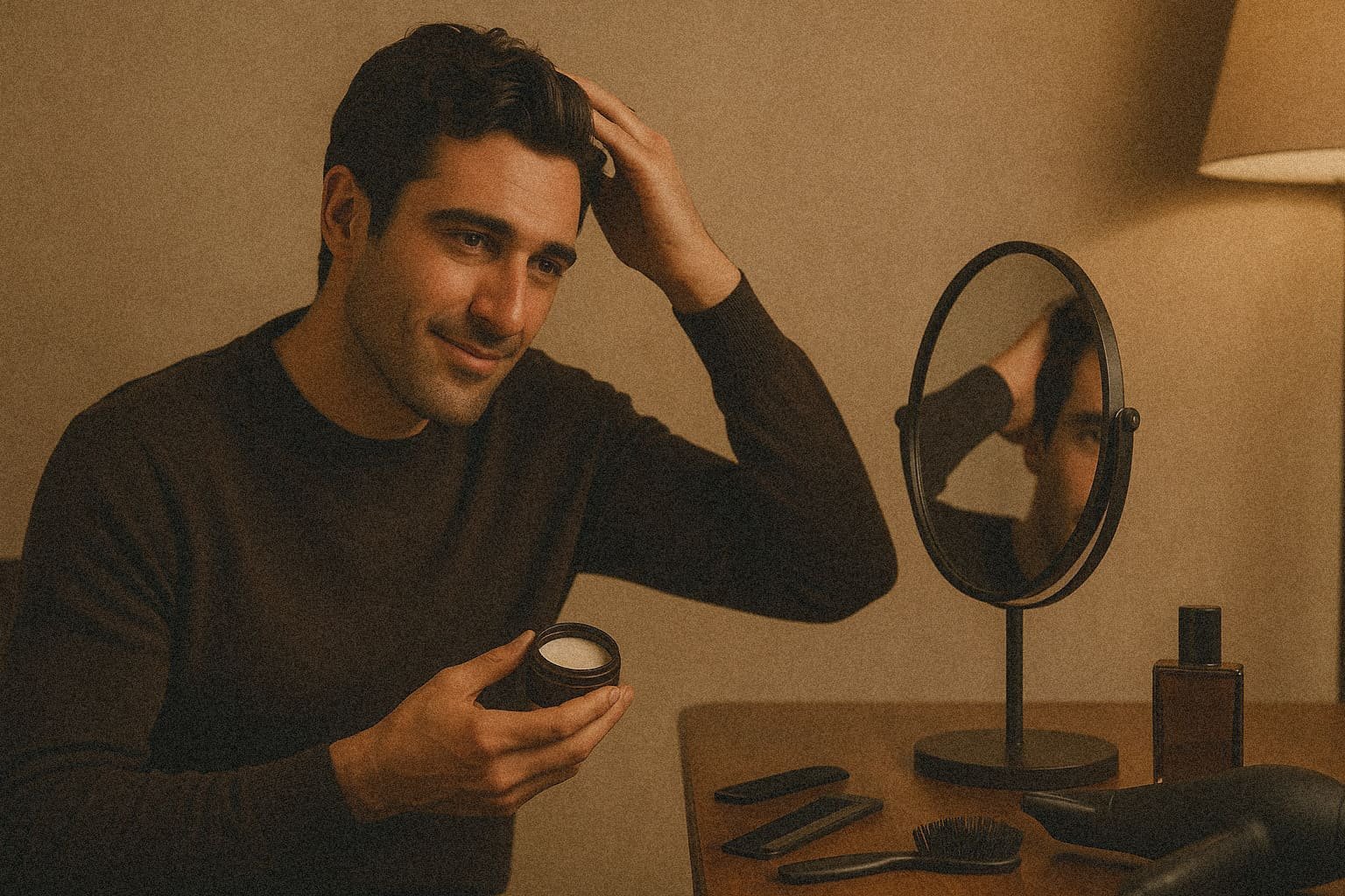 Modelo de Legado con sus productos de secador y cera