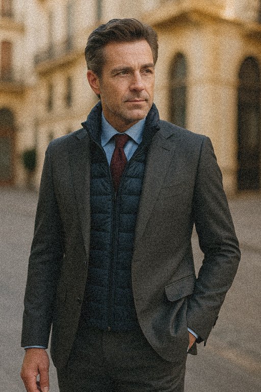 Modelo Legado Club En chaqueta con chaleco plumas azul marino