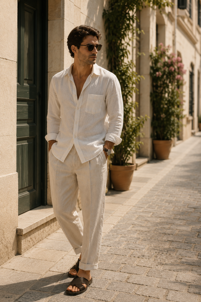 Modelo con camisa blanca de lino y pantalón claro veraniego
