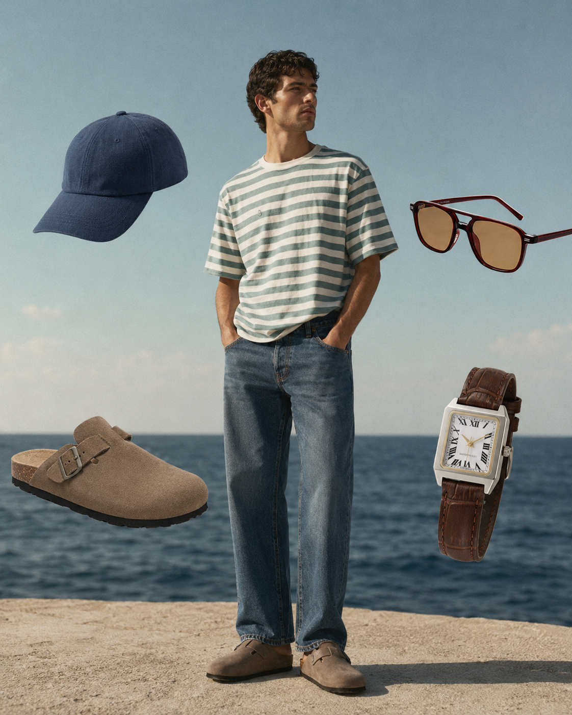 Outfit de verano casual urbano para hombre con camiseta de rayas