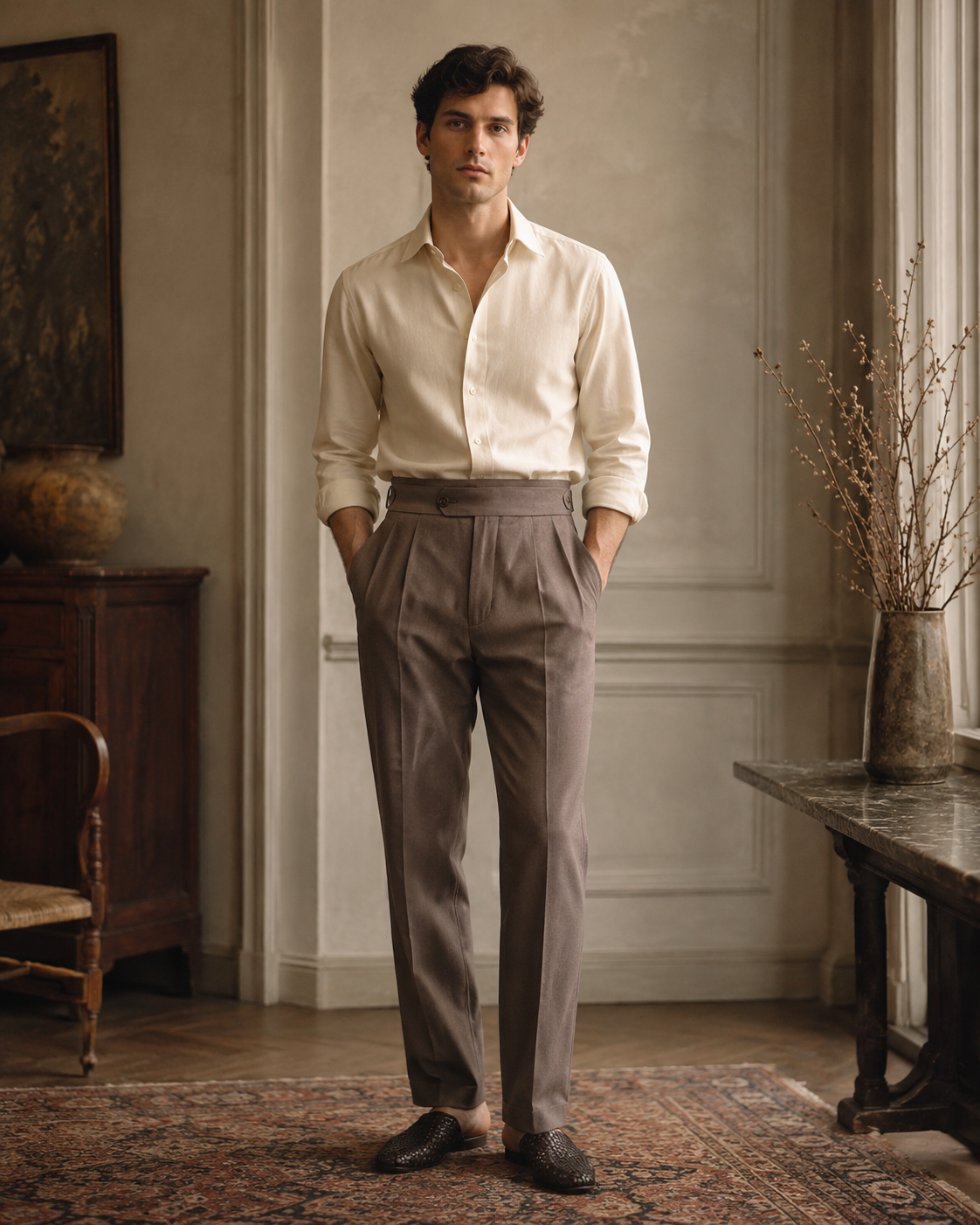 Pantalón de pinzas marrón para hombre