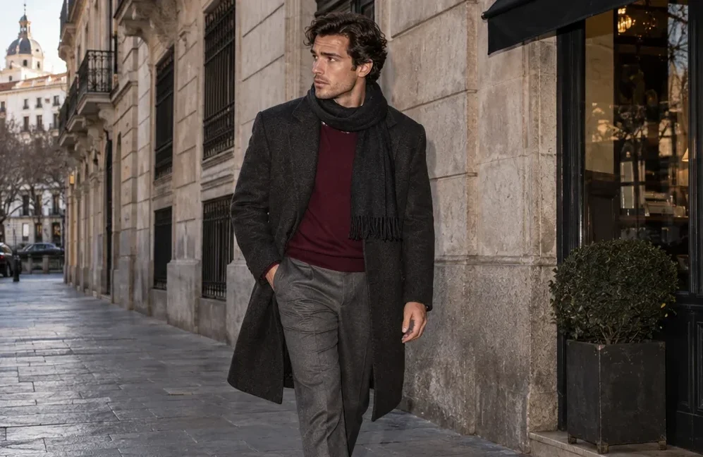 outfit de invierno para hombre con abrigo largo, jersey burdeos y pantalón gris de pinzas con bufanda
