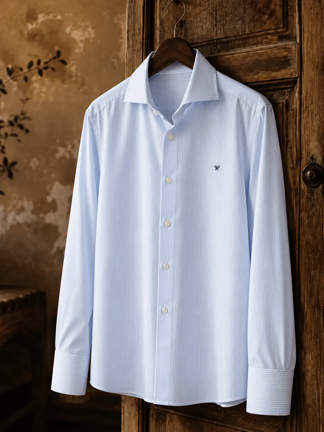 Camisa de rayas finas azules y blancas para traje de hombre