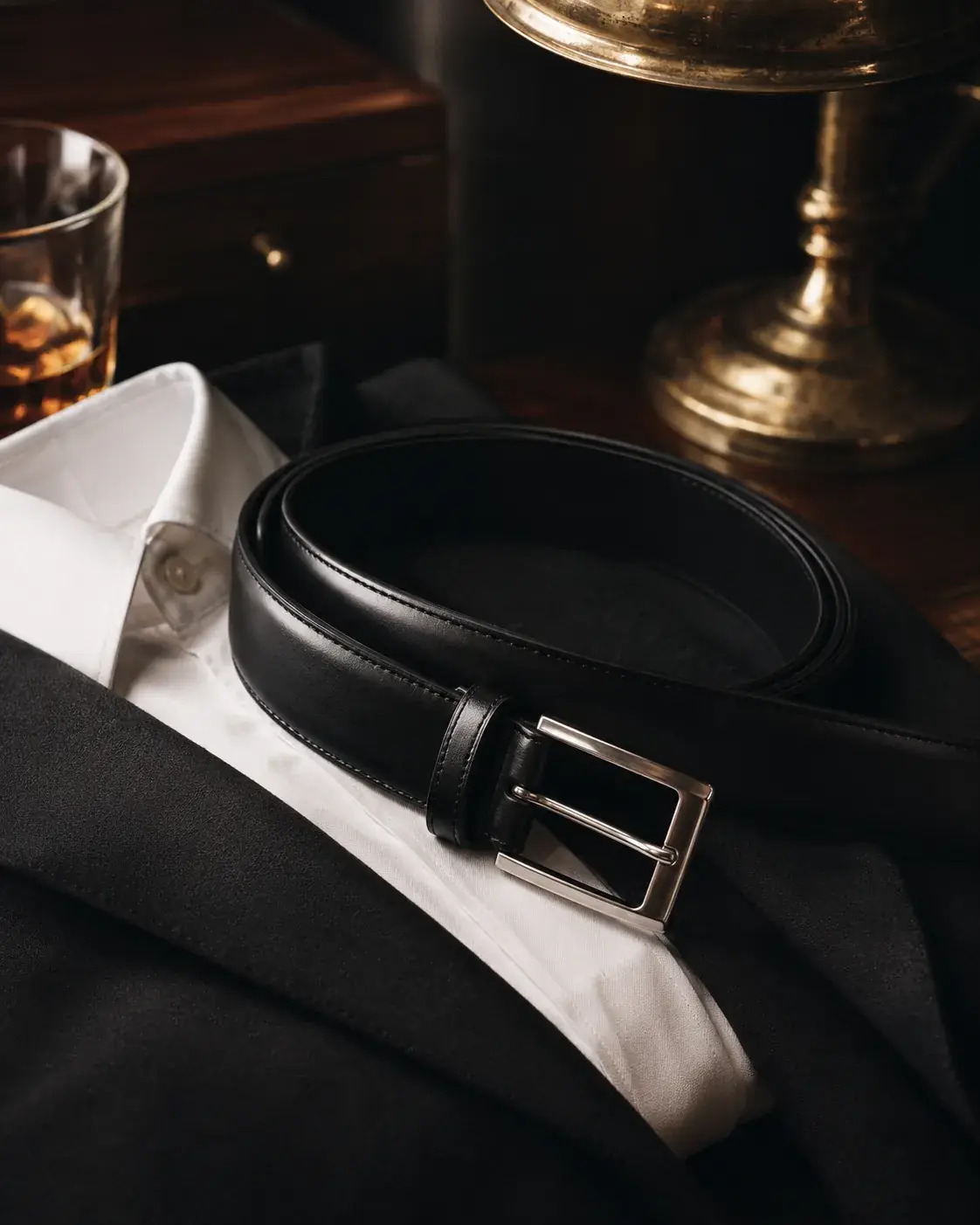 Cinturón negro liso de piel para traje de hombre