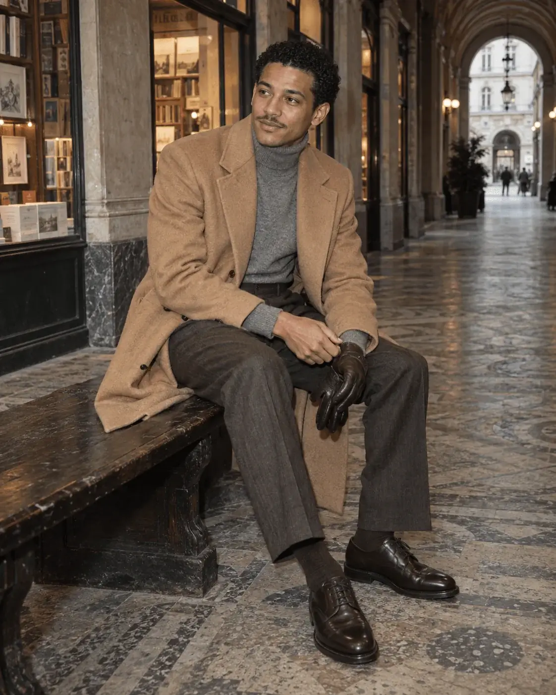 Outfit de invierno para hombre con abrigo camel, jersey de cuello alto gris y pantalón de pinzas