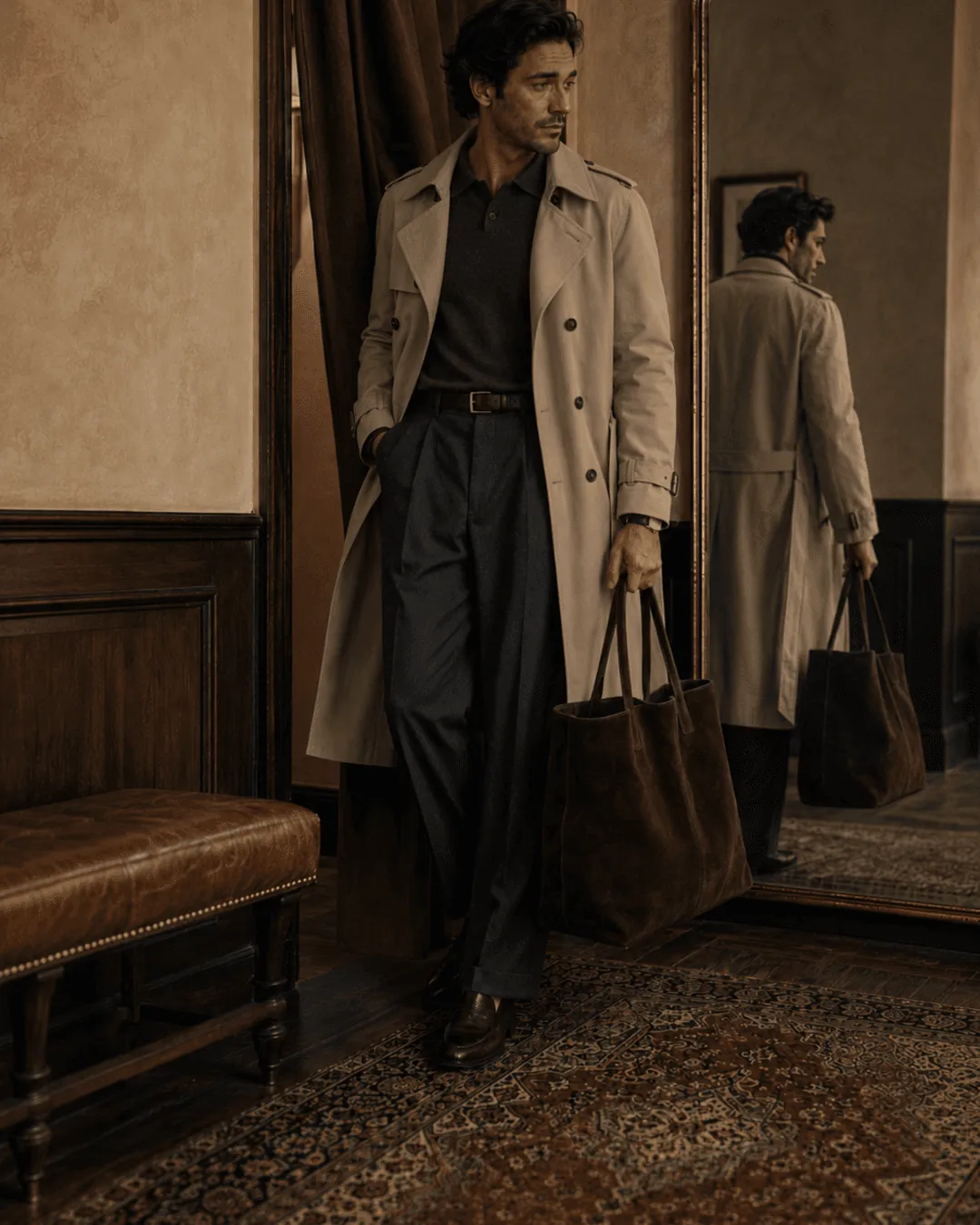 Outfit de otoño hombre con gabardina beige de Mango y polo chocolate
