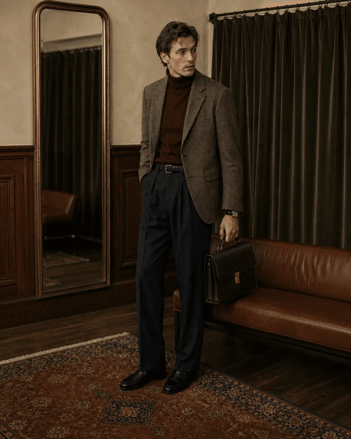 Outfit de otoño hombre con americana de pata de gallo y jersey burdeos