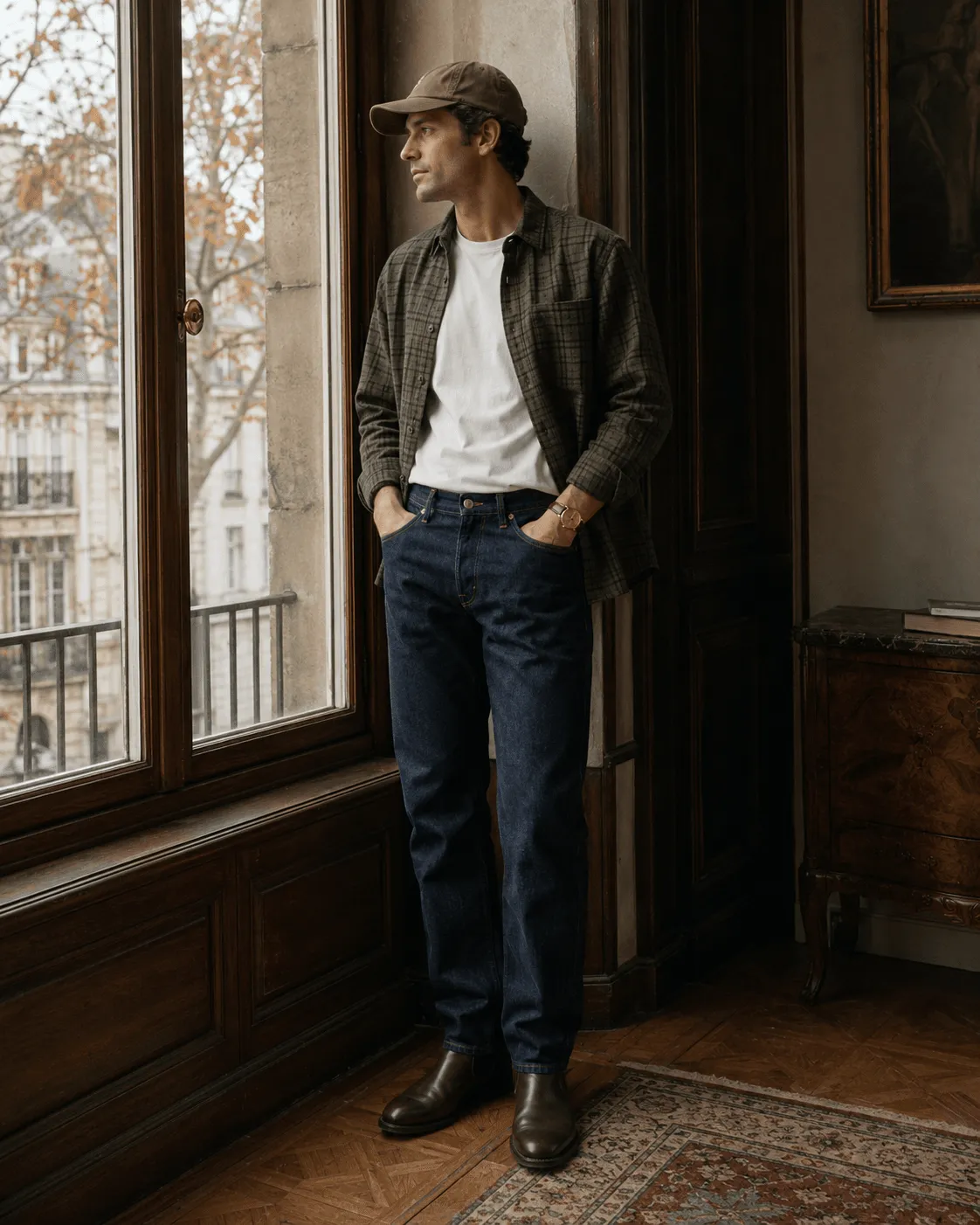 Outfit de otoño hombre con sobrecamisa de cuadros y vaquero recto
