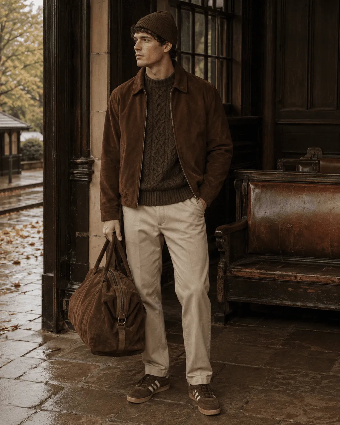 Outfit de otoño hombre con cazadora de ante y jersey trenzado