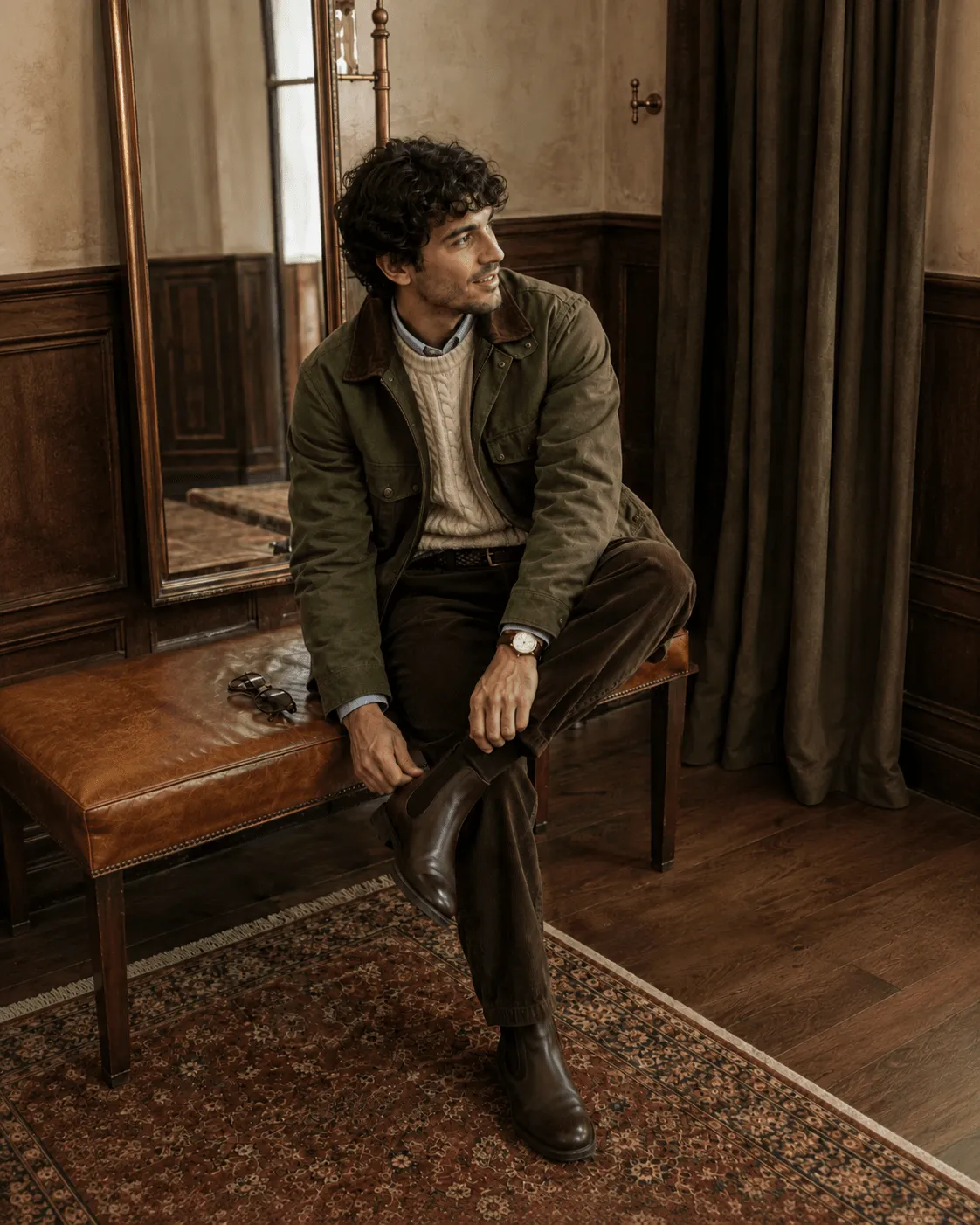 Outfit de otoño hombre con cazadora encerada verde de Lloyd's y pantalón de pana
