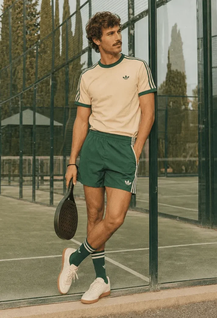 Chico en la pista de pádel con conjunto adidas verde y crudo vintage
