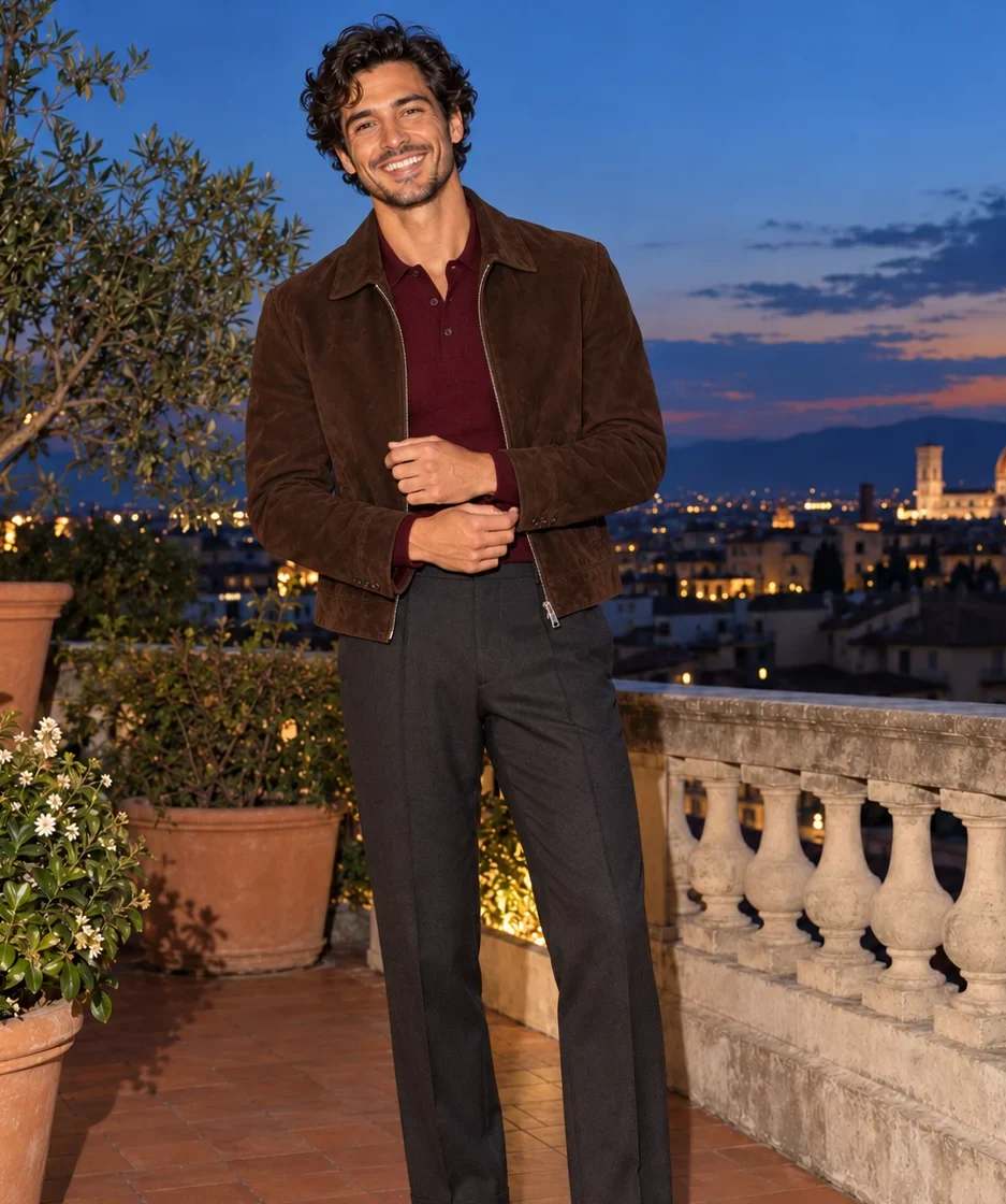 Combinación de chocolate con borgoña en ropa de hombre