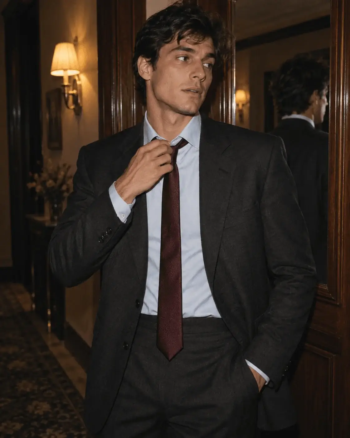Americana y corbata estrecha para hombre en tonos oscuros