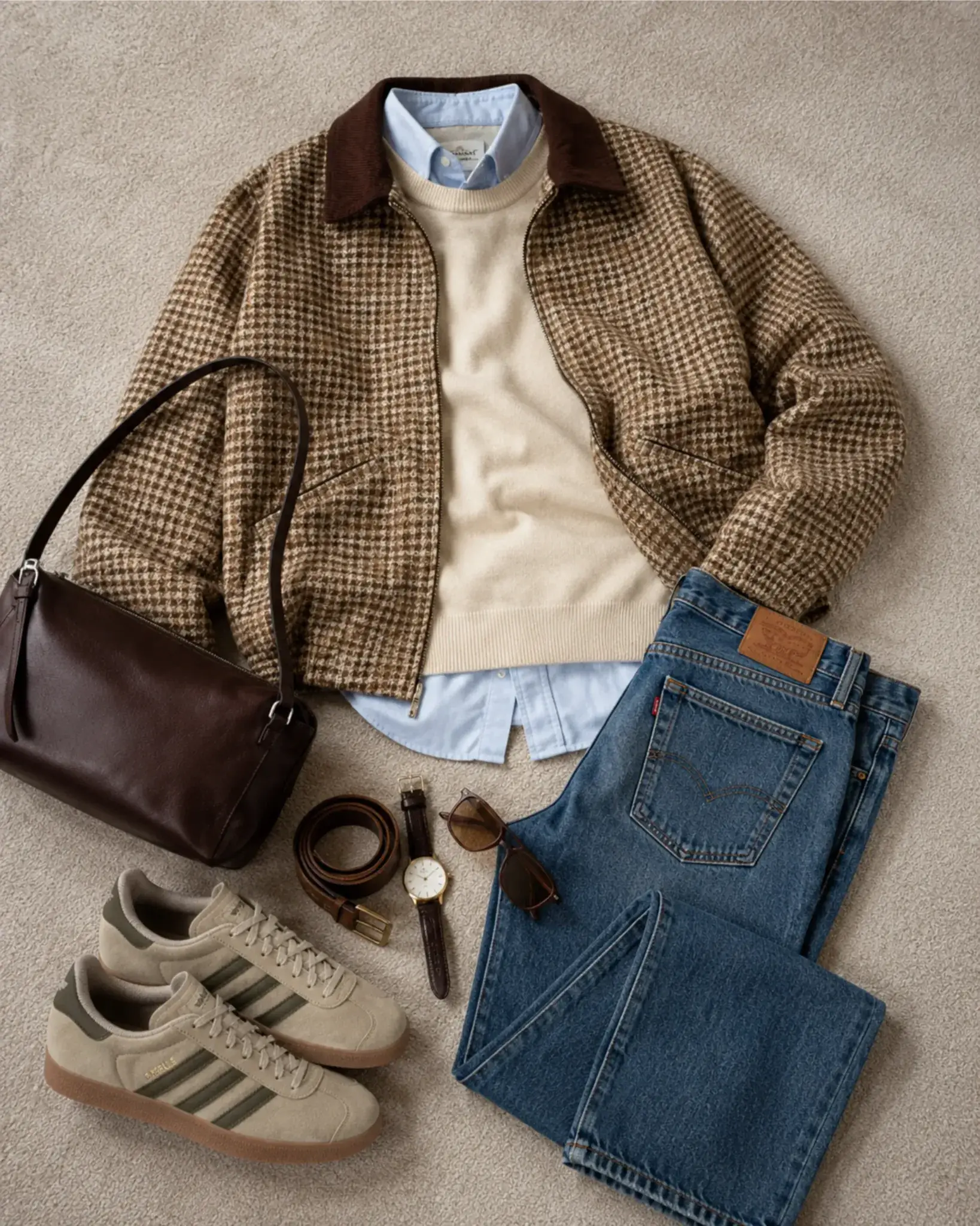 Conjunto de hombre para otoño con cazadora de pata de gallo y cuello de pana, jersey crudo cuello redondo, vaqueros rectos y adidas