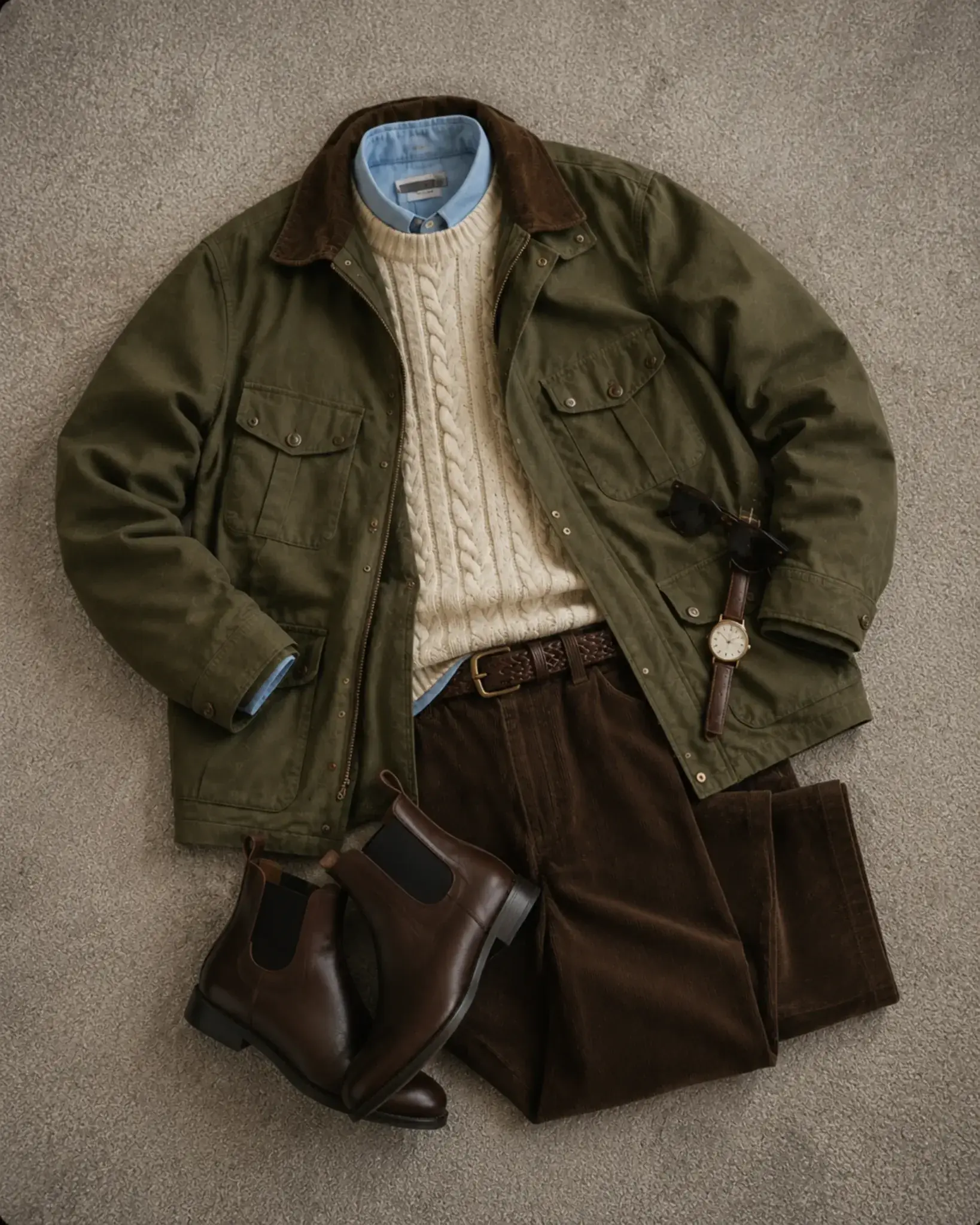Conjunto otoño hombre con cazadora encerada, jersey crema, pantalón marrón chocolate de pana y botas chelsea marrones