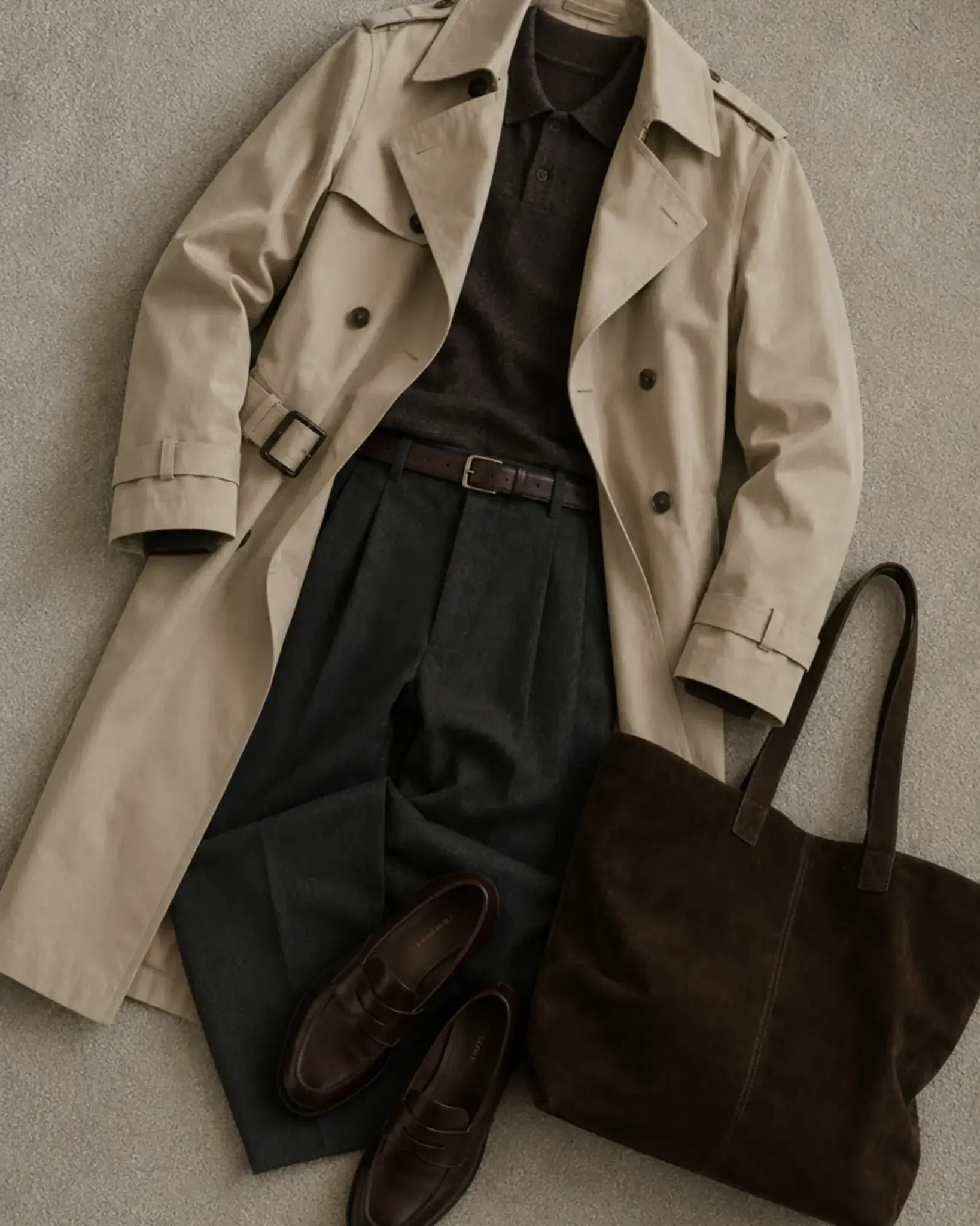 Conjunto de gabardina beige con polo marrón de manga larga y pantalón de pinzas para hombre en otoño