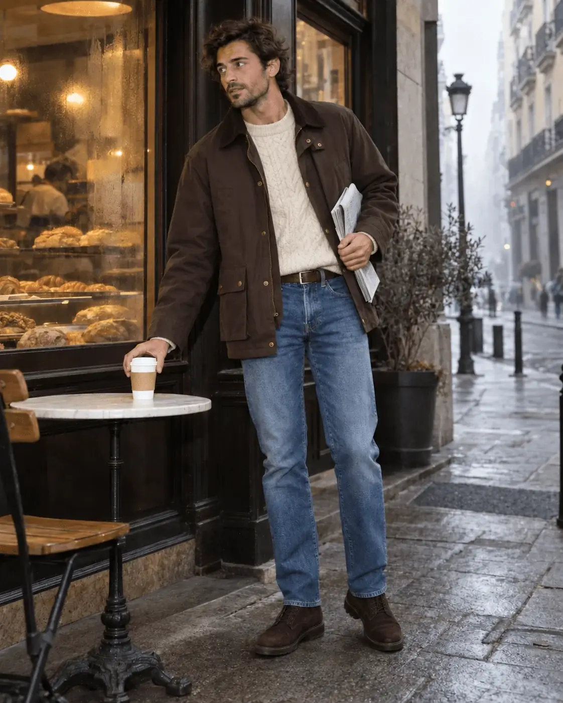 Outfit de invierno para hombre con sobrecamisa de cuadros, jersey trenzado y vaquero recto