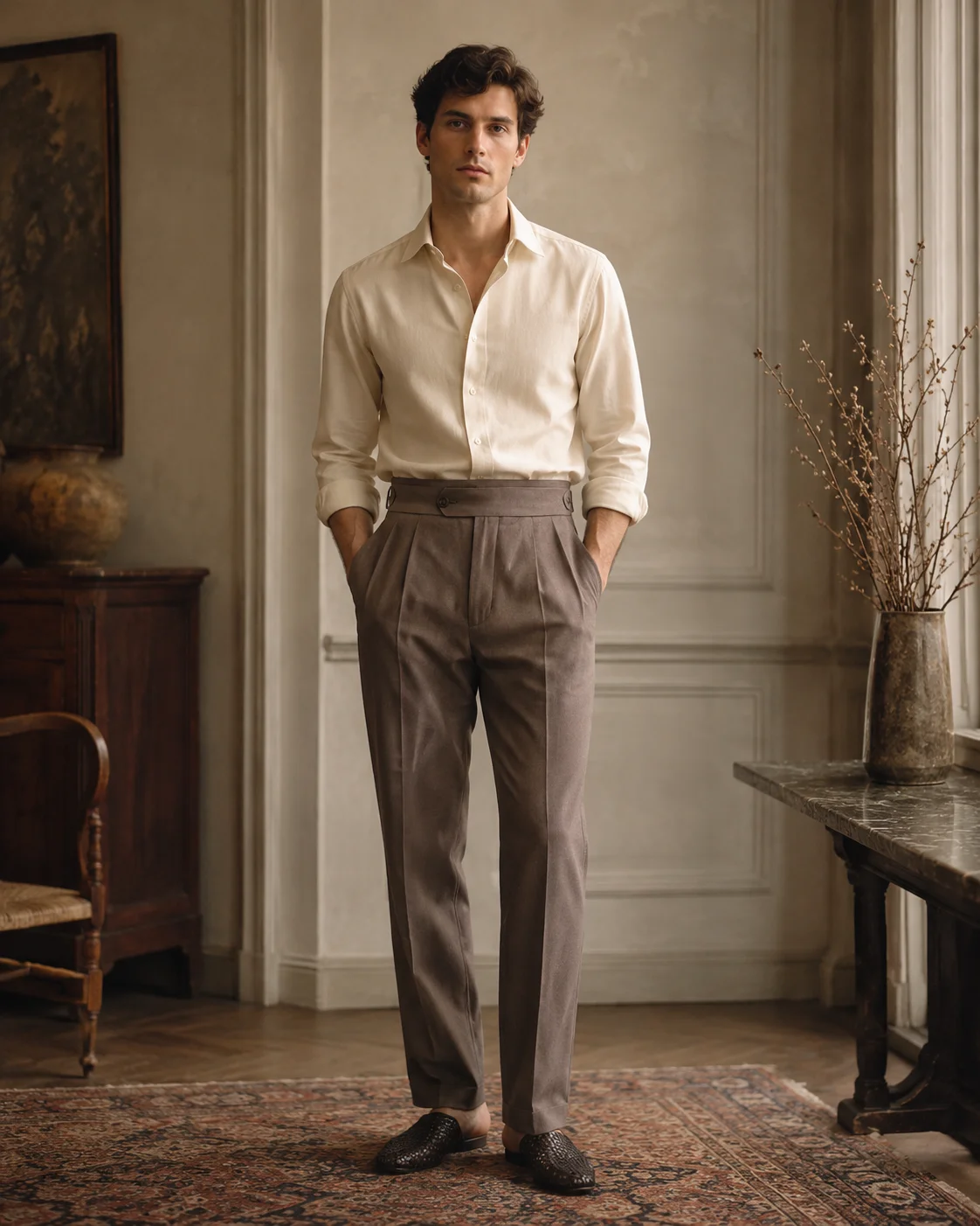 Pantalón de pinzas marrón para hombre