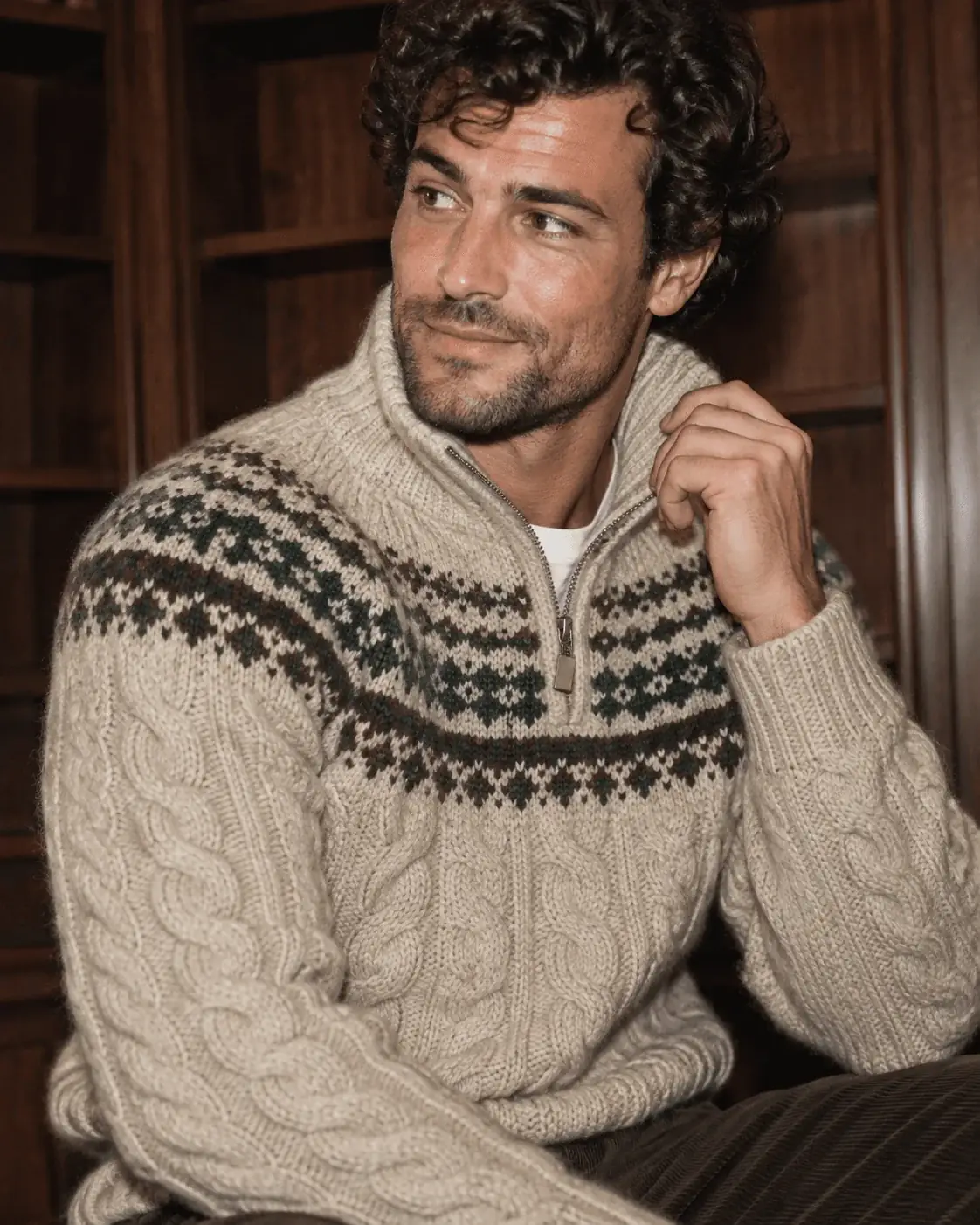 Jersey de punto trenzado cable y jersey con media cremallera para hombre