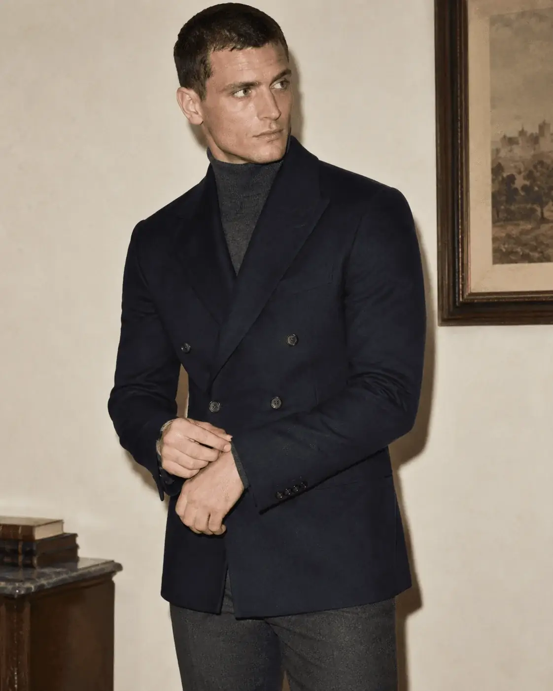 Silueta ajustada de invierno para hombre con americana y jersey de cuello alto