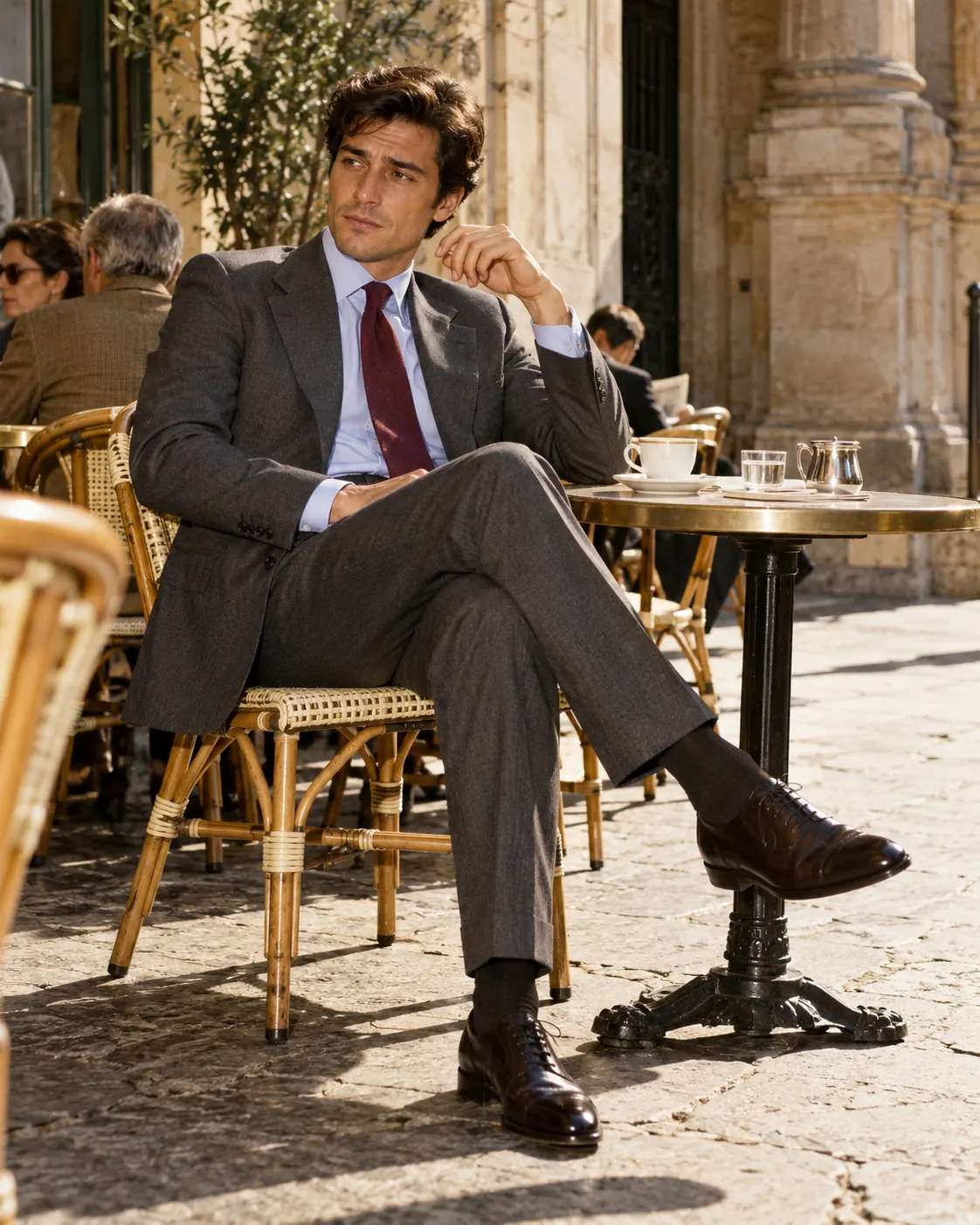 Traje gris marengo de hombre con camisa celeste y zapato negro
