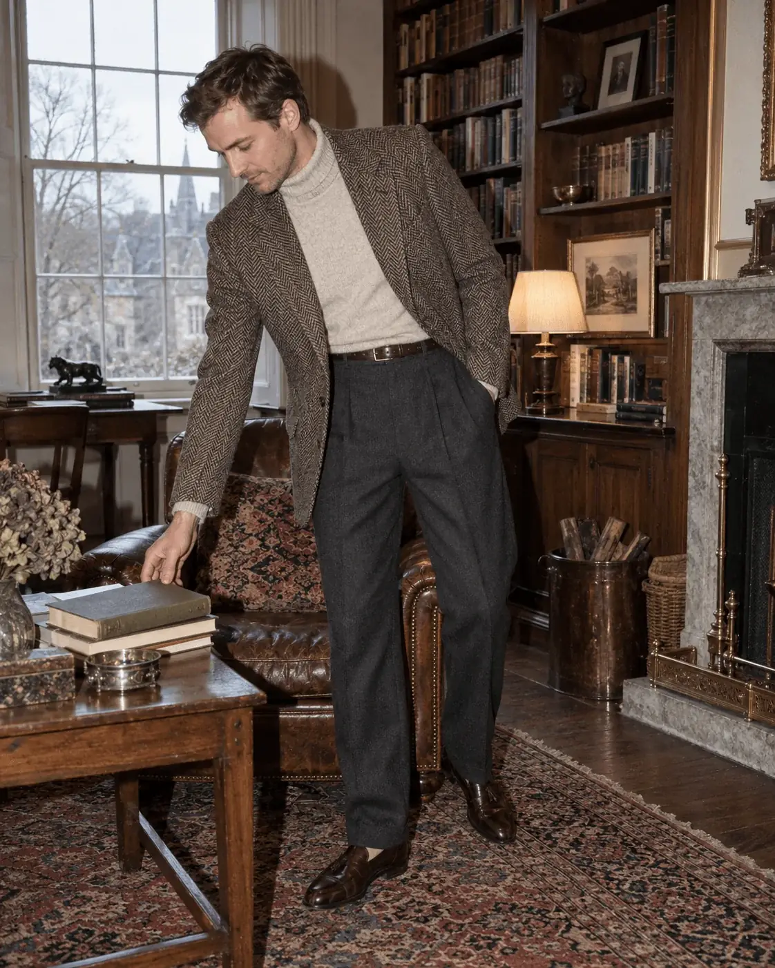 Outfit de invierno para hombre con americana de espiga, jersey de cuello alto y pantalón de lana