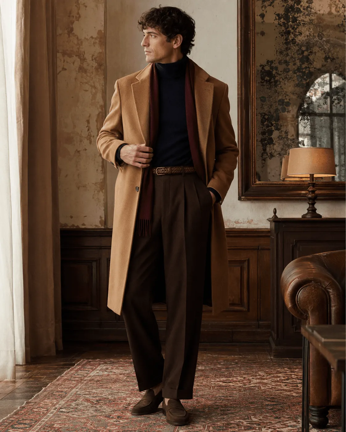 Outfit de otoño hombre elegante con abrigo camel y jersey de cuello alto