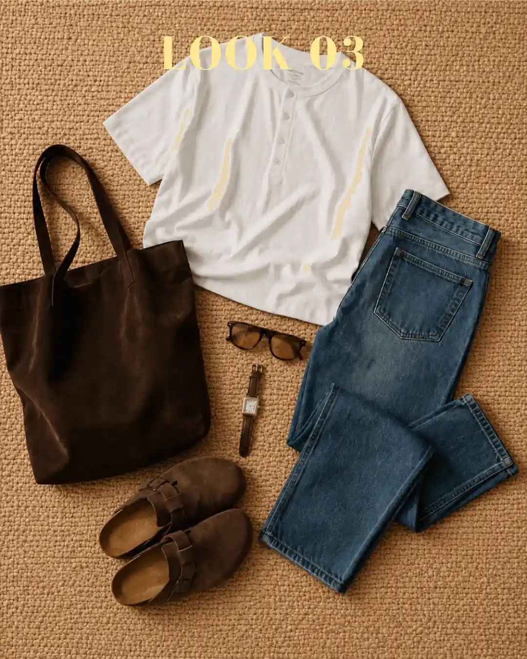 Outfit verano hombre con camiseta henley blanca, vaqueros rectos, bolso serraje, zuecos marrón chocolate, reloj casio cuadrado con correa de piel marrón y gafas de sol Dr Franklin