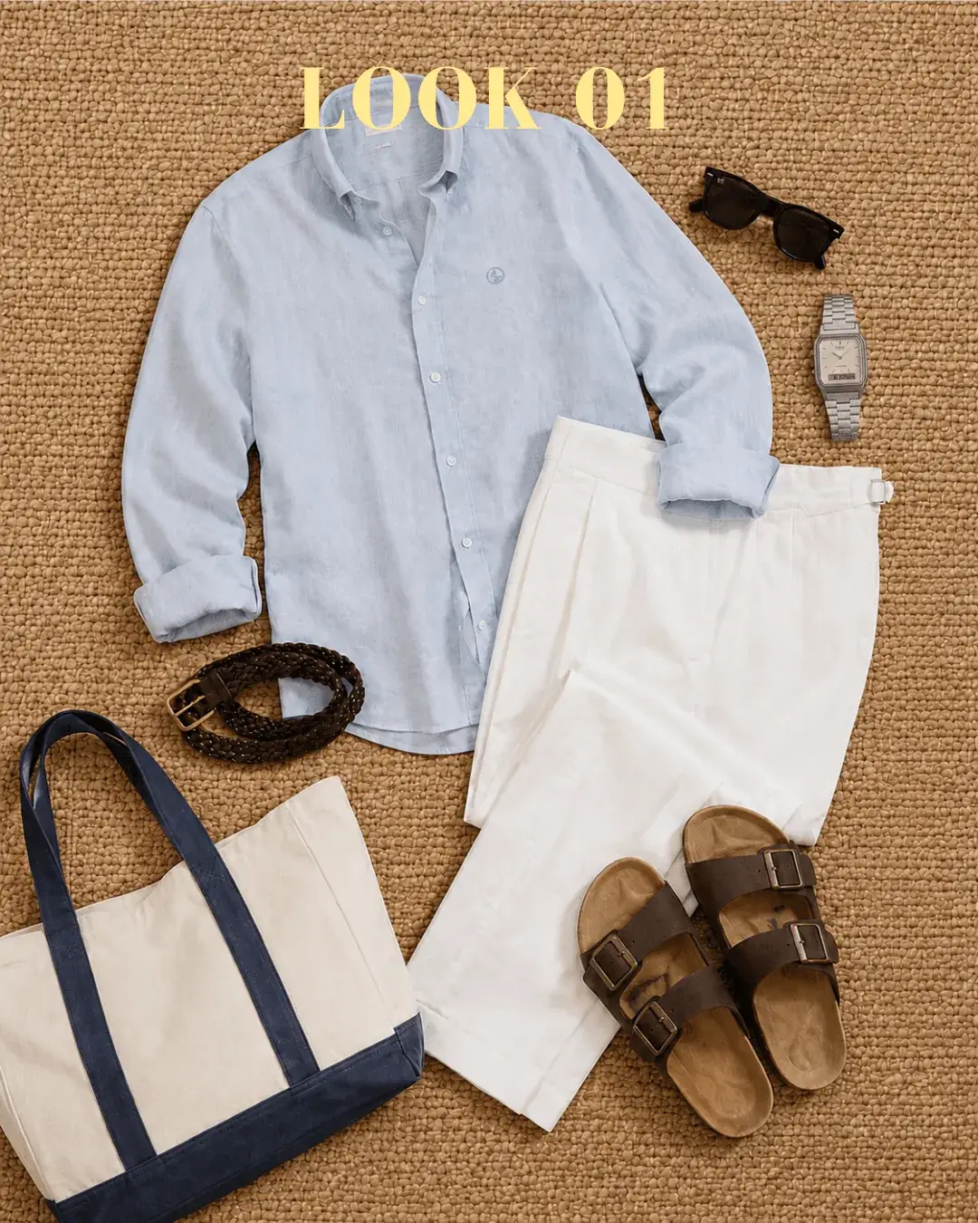 Outfit verano hombre con camisa celeste de dino, pantalón de pinzas crudo y sandalias marrones de hebillas con bolsa tote bag y reloj casio con gafas de sol ray ban