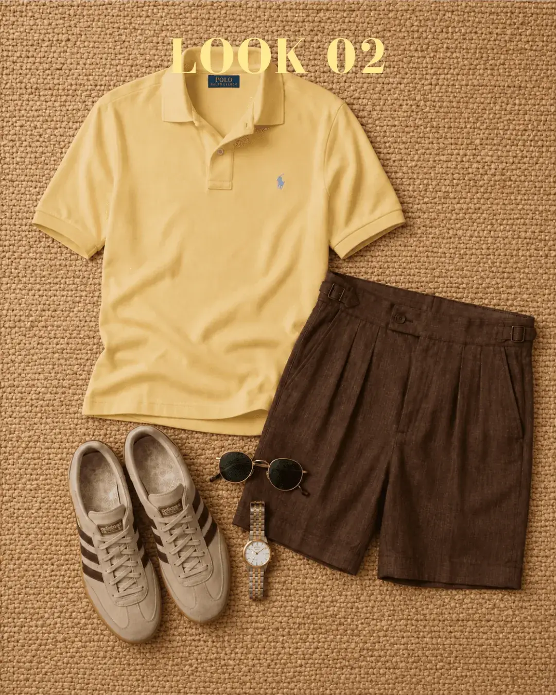 Outfit de verano para hombre con polo amarillo de Ralph Lauren, pantalón corto marrón chocolate lino, adidas, reloj tissot y gafas de sol redondas