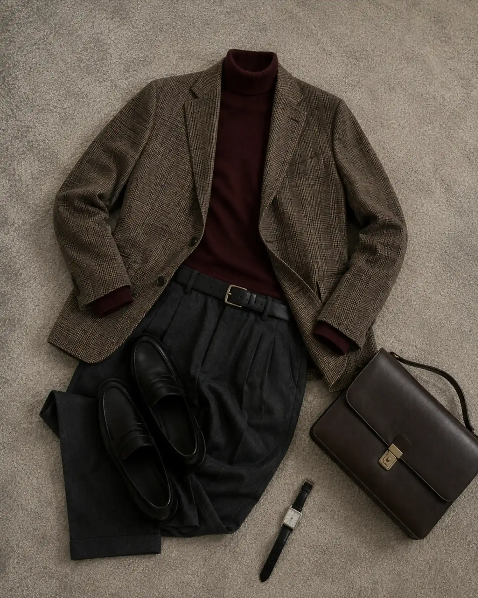 Conjunto heritage de hombre para otoño 2026 con americana de espiga, jersey burdeos de cuello alto cisne, pantalón de pinzas y mocasines negros