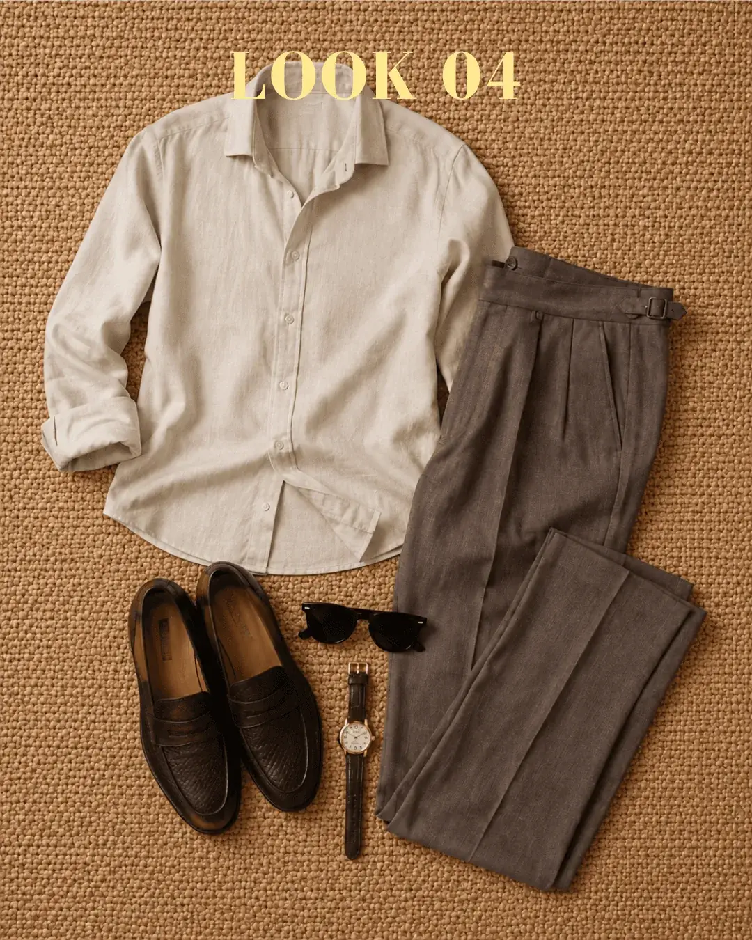 Outfit de verano hombre con camisa de lino tostada, pantaqlones marrones de pinzas, castellanos marrones de piel, casio esfera redonda dorada y rayban wayfarer.