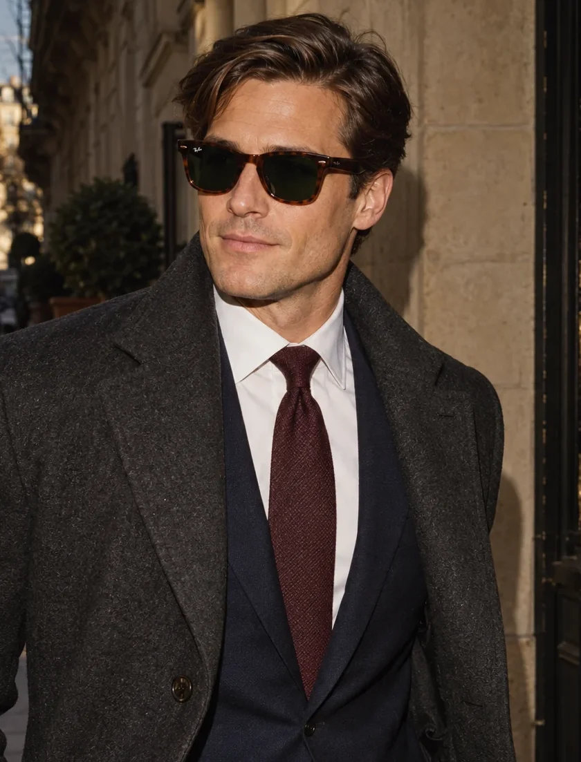 Hombre con gafas de sol Ray-Ban en un look de ciudad más formal
