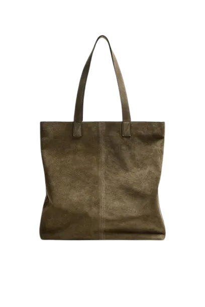 Bolso shopper vertical de piel verde caqui de Zara